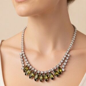 Vintage Green Rhinestone Signed Necklace Fringe Statement  B David Navette